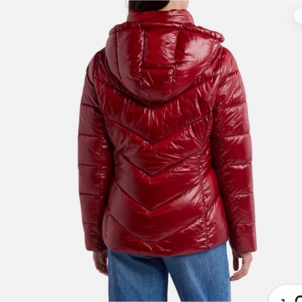 Michael Kors Hooded Chevron Puffer Jacket Glossy Packable Coat Women’s L Green - Picture 2 of 7